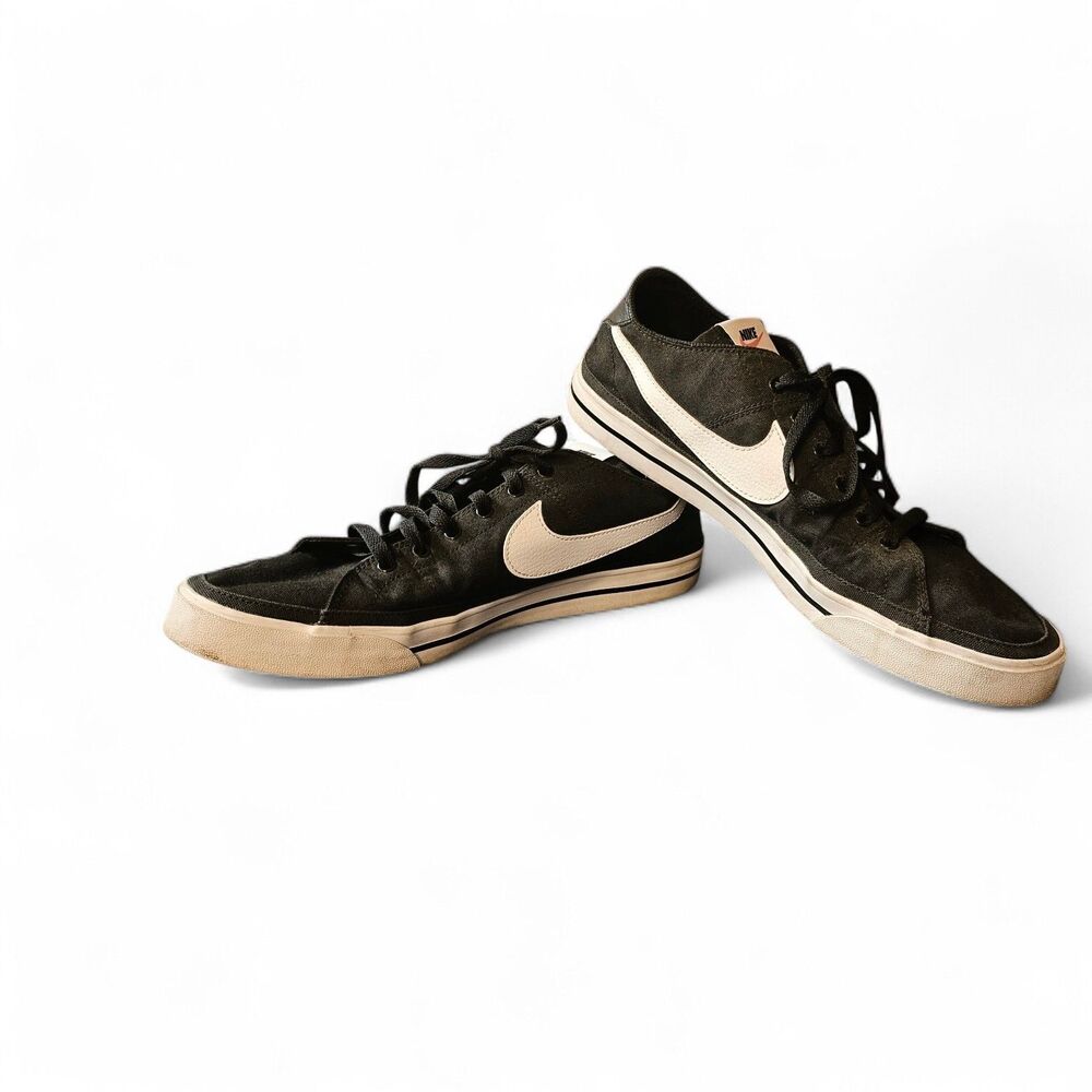 Nike‎ Court Legacy Low Black Canvas Sneakers White Swoosh Retro Tennis  Shoes 12